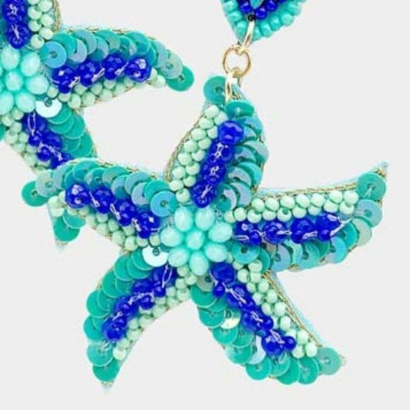 Starfish Teal Blue Seed Bead Earrings - Picture 2 of 6